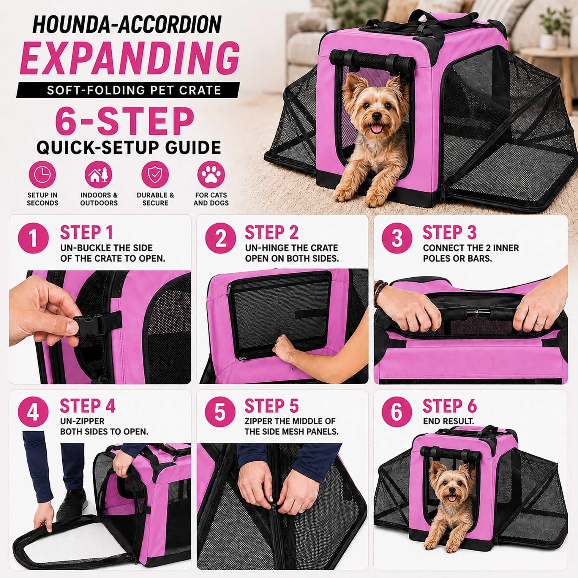 Pet Life ®  'Hounda Accordion' Metal Framed Soft-Folding Collapsible Dual-Sided Expandable Pet Dog Crate